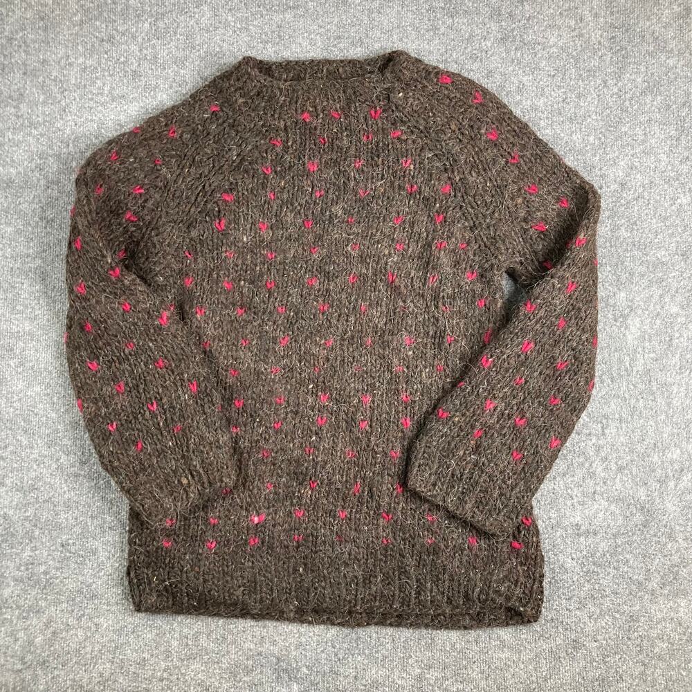 Womens Sweater Size M Brown Wool Blend Heart Print Crewneck‎ Cozy Retro